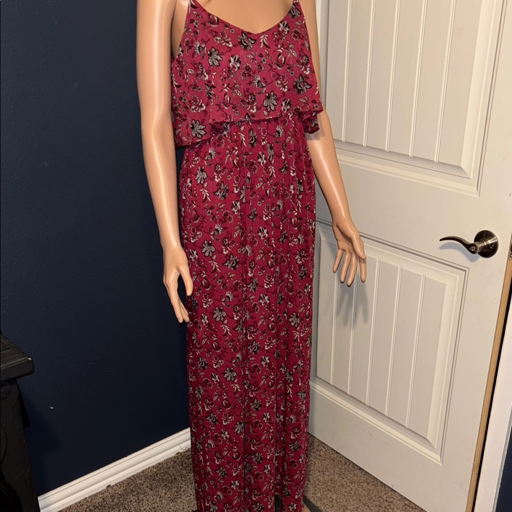 Forever 21 Burgundy Floral Maxi Sundress, Y2K Spaghetti Strap Flow Dress, Size S